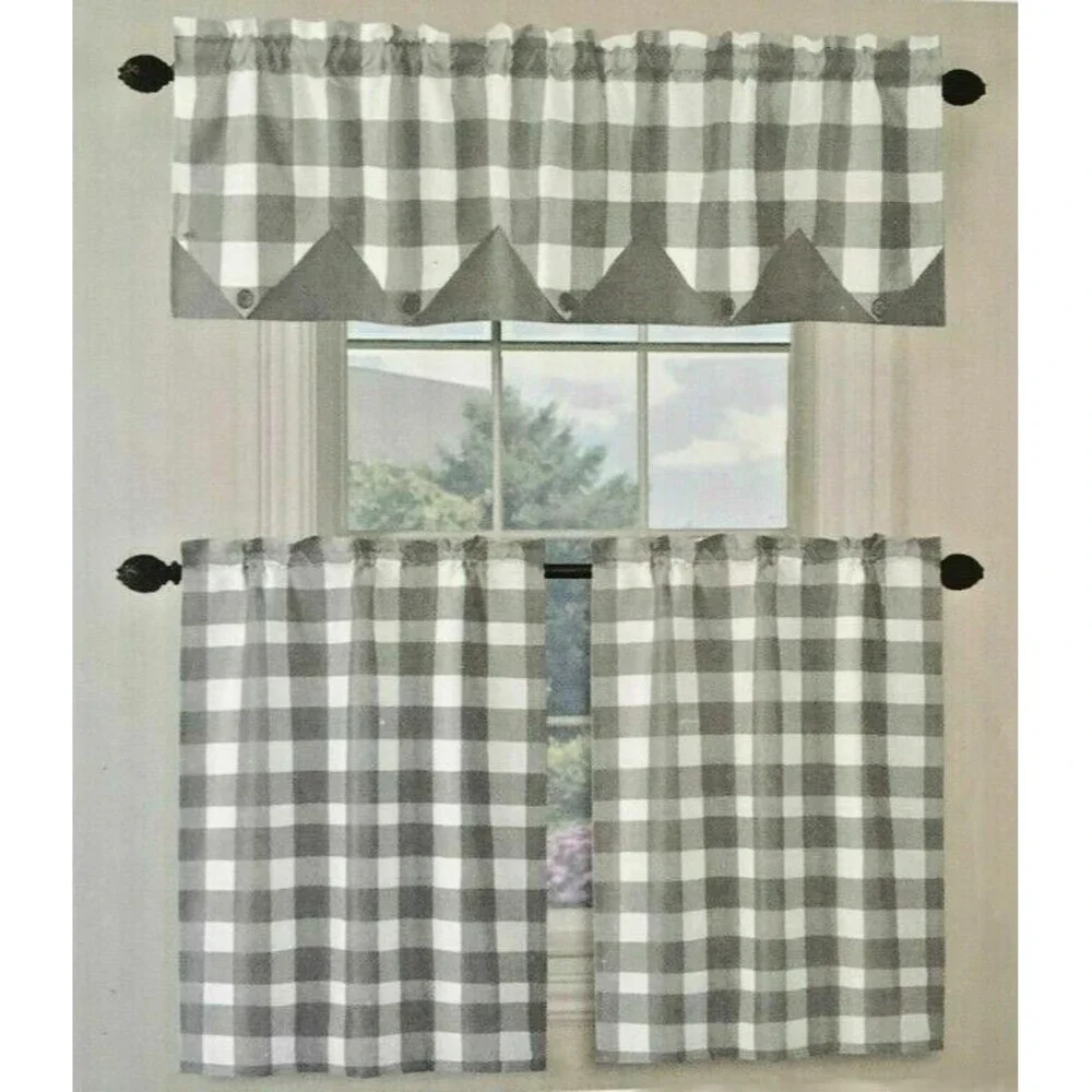 Nantucket Star Point Valance Tier Curtain Set Country Button Buffalo Check Gray